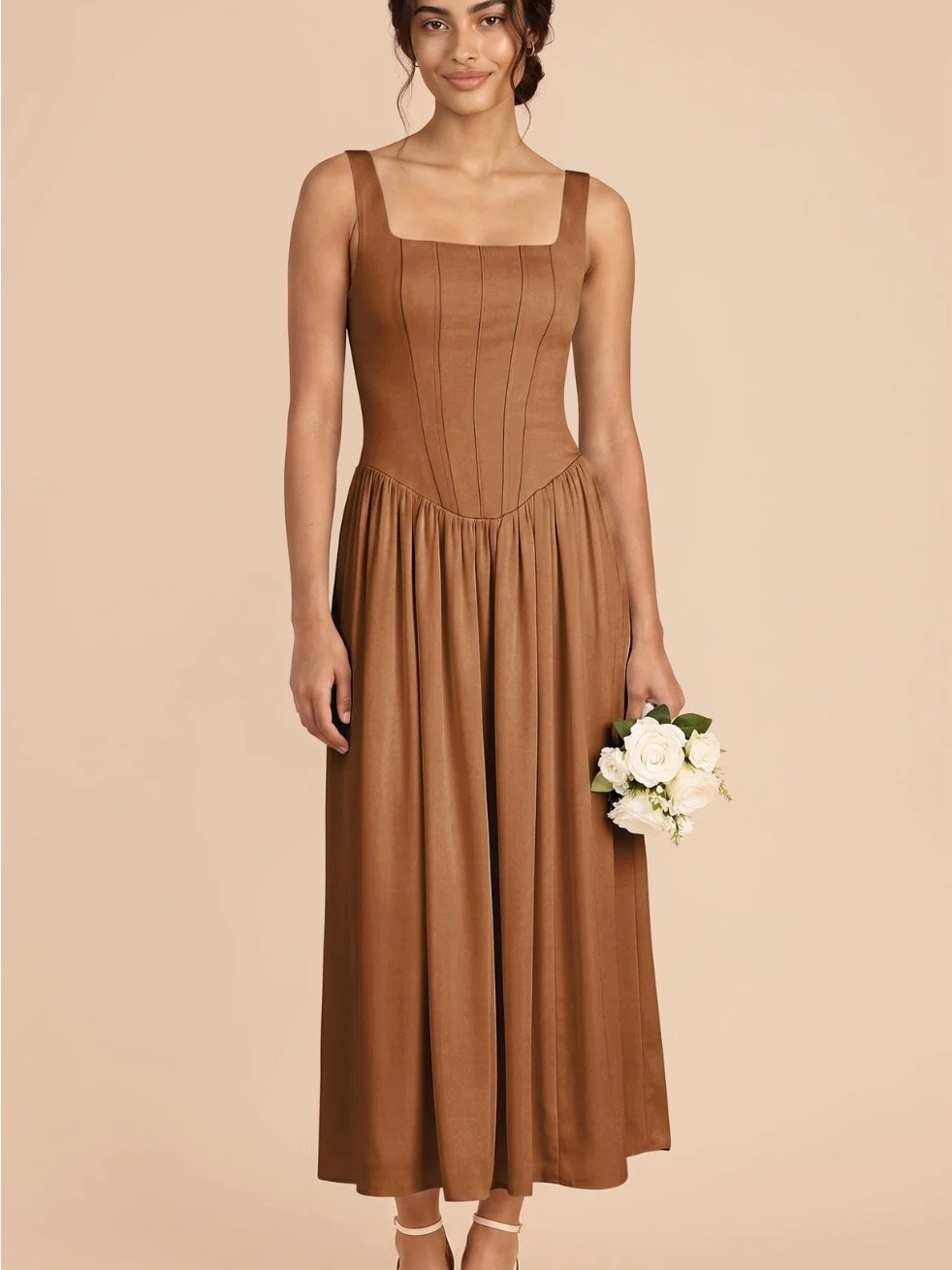 Wayf Brown Square-Neck Midi Dress